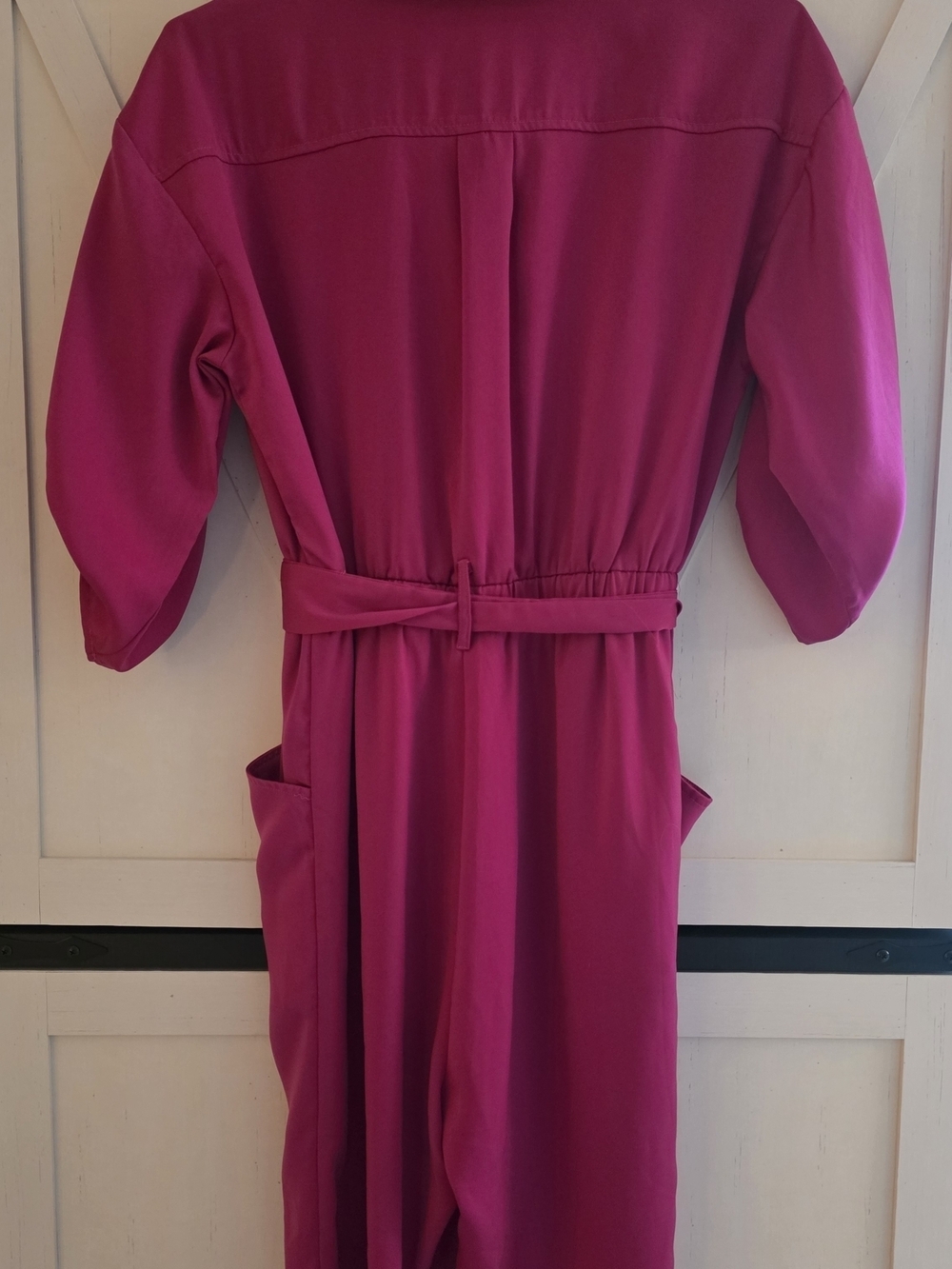Button-Front Magenta Utility Jumpsuit with Tie Waist - Picture 6 of 7